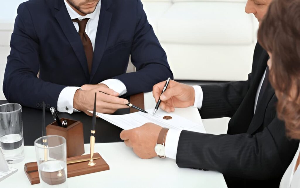 Notary with client in office